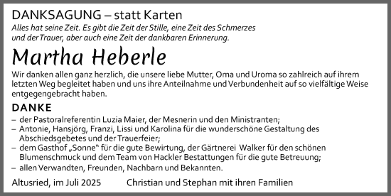 Traueranzeige von Martha Heberle von Allgäuer Zeitung,Kempten