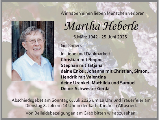 Traueranzeige von Martha Heberle von Allgäuer Zeitung,Kempten