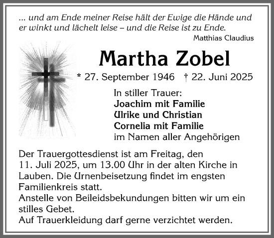 Traueranzeige von Martha Zobel von Allgäuer Zeitung,Kempten