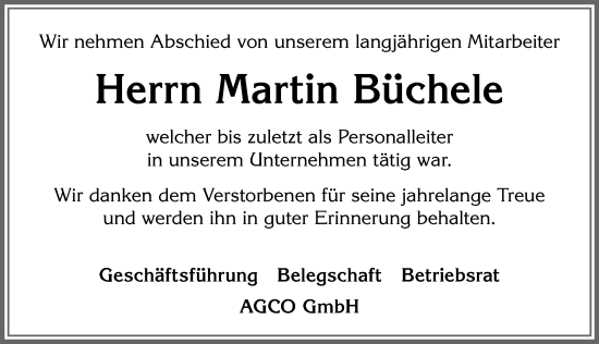 Traueranzeige von Martin Büchele von Allgäuer Zeitung, Marktoberdorf