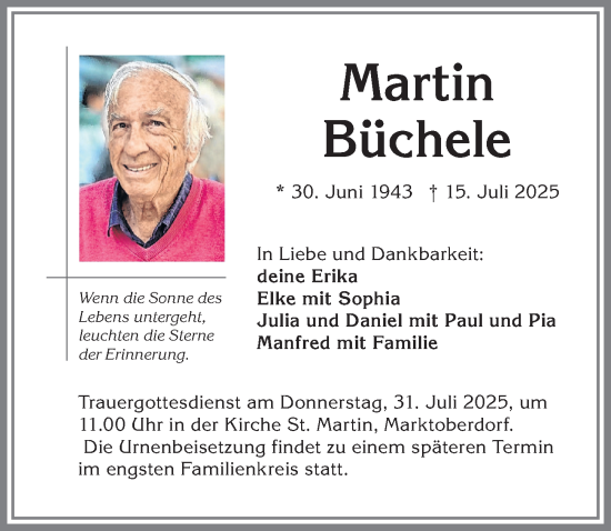 Traueranzeige von Martin Büchele von Allgäuer Zeitung, Marktoberdorf