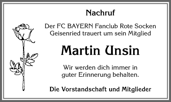 Traueranzeige von Martin Unsin von Allgäuer Zeitung, Marktoberdorf