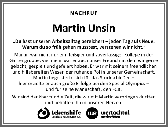 Traueranzeige von Martin Unsin von Allgäuer Zeitung, Marktoberdorf