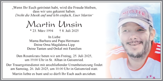 Traueranzeige von Martin Unsin von Allgäuer Zeitung, Marktoberdorf