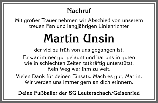 Traueranzeige von Martin Unsin von Allgäuer Zeitung, Marktoberdorf