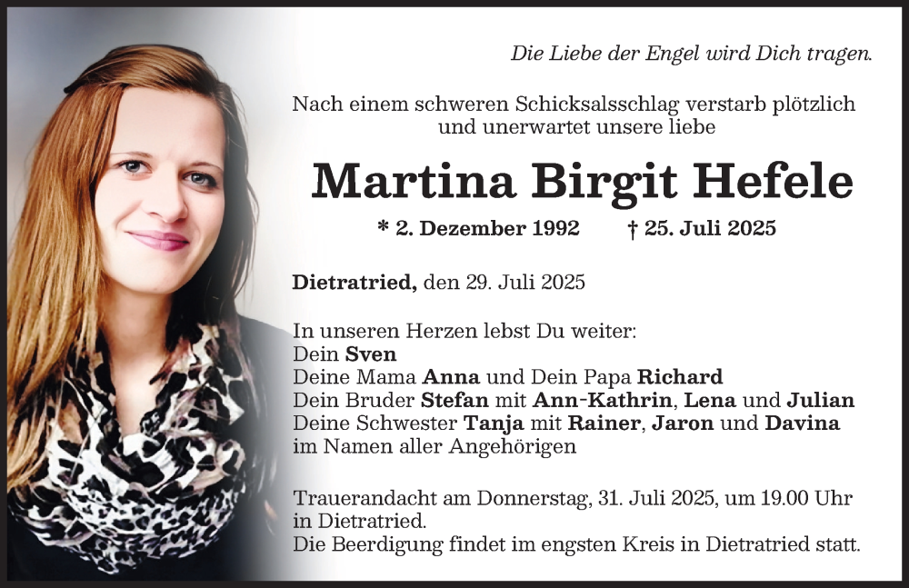 Traueranzeige für Martina Birgit Hefele vom 29.07.2025 aus Memminger Zeitung