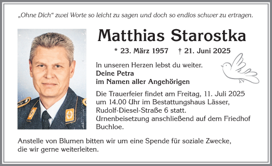Traueranzeige von Matthias Starostka von Allgäuer Zeitung, Kaufbeuren/Buchloe