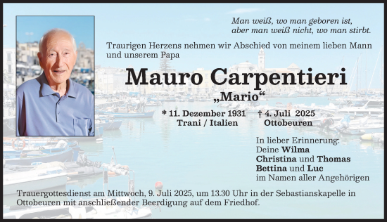 Traueranzeige von Mauro Carpentieri von Memminger Zeitung