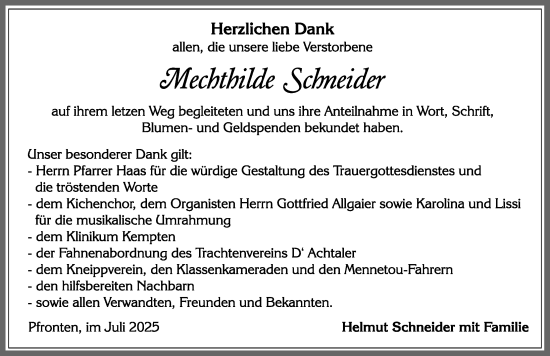 Traueranzeige von Mechthilde Schneider von Allgäuer Zeitung, Füssen
