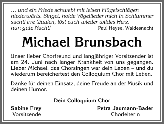 Traueranzeige von Michael Brunsbach von Allgäuer Zeitung, Füssen