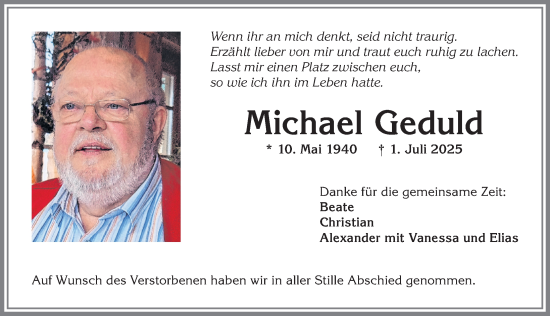 Traueranzeige von Michael Geduld von Allgäuer Anzeigeblatt