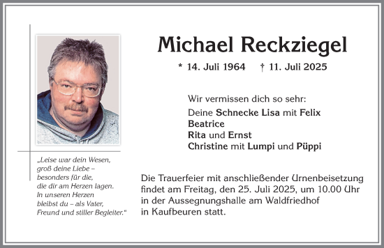 Traueranzeige von Michael Reckziegel von Allgäuer Zeitung, Kaufbeuren/Buchloe