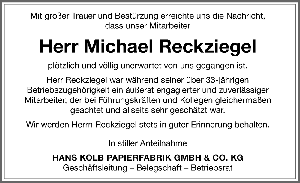  Traueranzeige für Michael Reckziegel vom 23.07.2025 aus Allgäuer Zeitung, Kaufbeuren/Buchloe