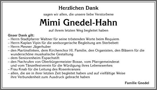 Traueranzeige von Mimi Gnedel-Hahn von Allgäuer Zeitung, Kaufbeuren/Buchloe