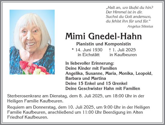 Traueranzeige von Mimi Gnedel-Hahn von Allgäuer Zeitung, Kaufbeuren/Buchloe