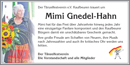 Traueranzeige von Mimi Gnedel-Hahn von Allgäuer Zeitung, Kaufbeuren/Buchloe