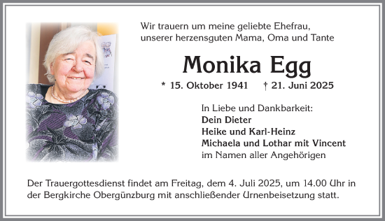 Traueranzeige von Monika Egg von Allgäuer Zeitung, Marktoberdorf