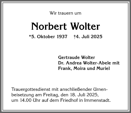 Traueranzeige von Norbert Wolter von Allgäuer Anzeigeblatt