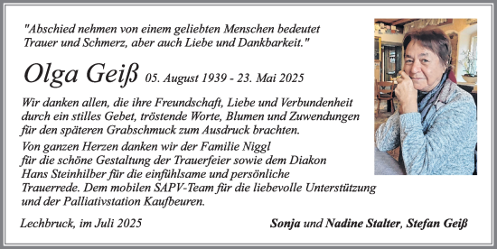 Traueranzeige von Olga Geiß von Allgäuer Zeitung, Füssen