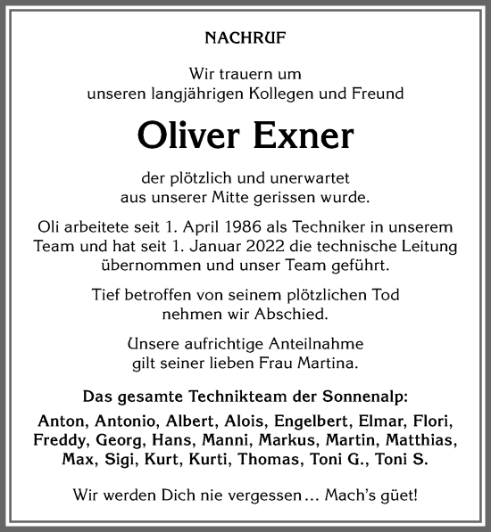 Traueranzeige von Oliver Exner von Allgäuer Anzeigeblatt