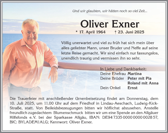Traueranzeige von Oliver Exner von Allgäuer Anzeigeblatt