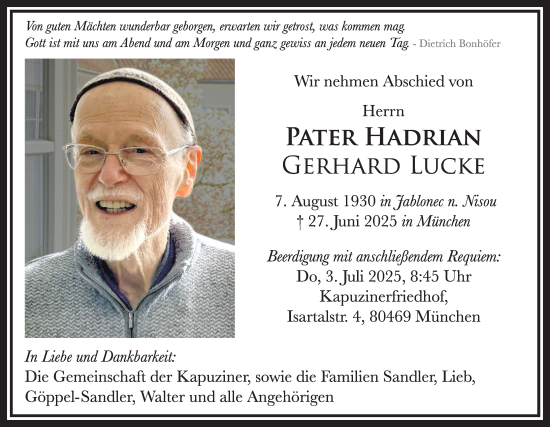 Traueranzeige von Pater Hadrian Gerhard Lucke von Allgäuer Zeitung, Kaufbeuren/Buchloe