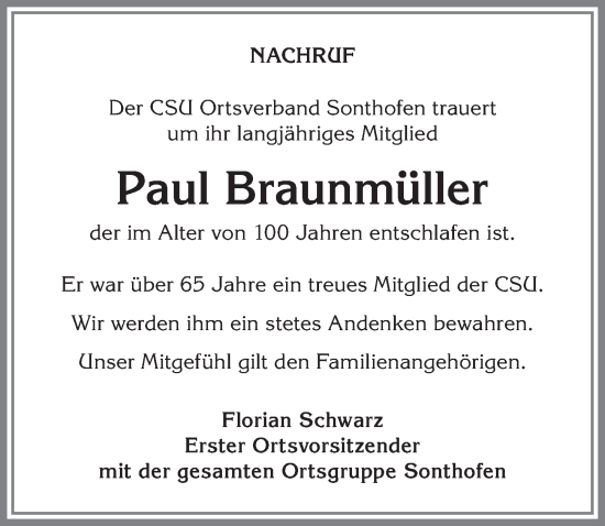 Traueranzeige von Paul Braunmüller von Allgäuer Anzeigeblatt