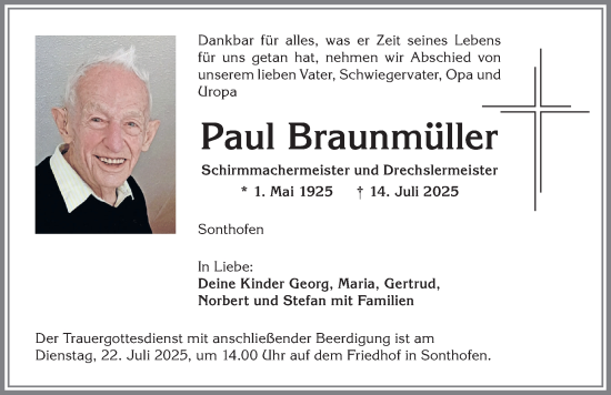 Traueranzeige von Paul Braunmüller von Allgäuer Anzeigeblatt