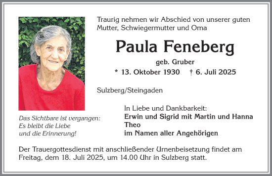 Traueranzeige von Paula Feneberg von Allgäuer Zeitung,Kempten