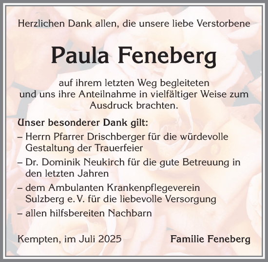 Traueranzeige von Paula Feneberg von Allgäuer Zeitung,Kempten