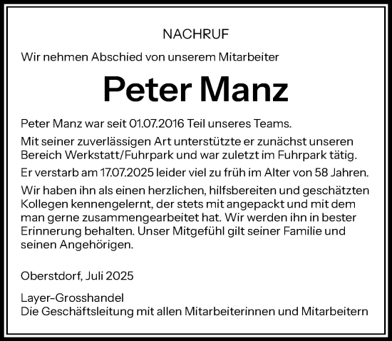 Traueranzeige von Peter Manz von Allgäuer Anzeigeblatt