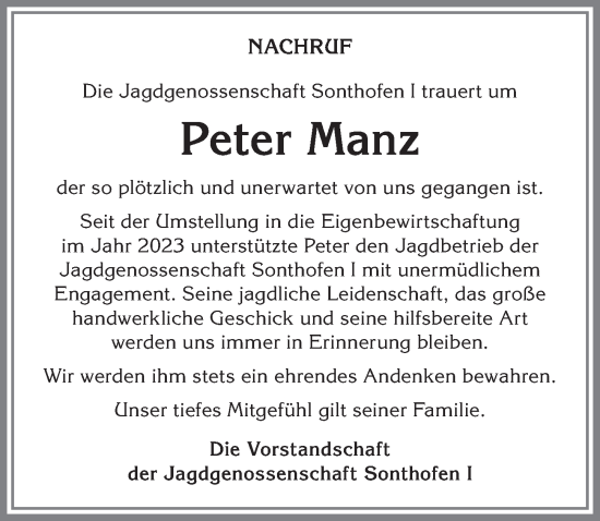 Traueranzeige von Peter Manz von Allgäuer Anzeigeblatt