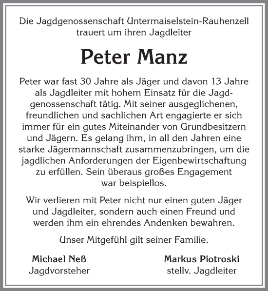 Traueranzeige von Peter Manz von Allgäuer Anzeigeblatt