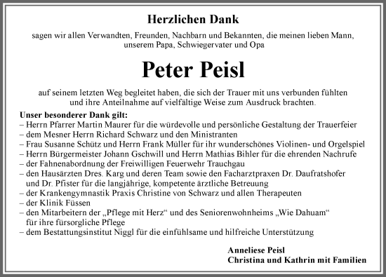 Traueranzeige von Peter Peisl von Allgäuer Zeitung, Füssen