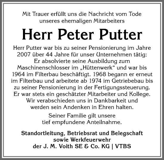 Traueranzeige von Peter Putter von Allgäuer Anzeigeblatt