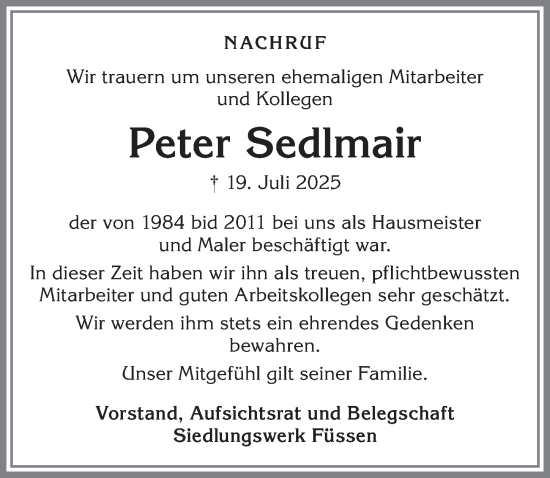 Traueranzeige von Peter Sedlmair von Allgäuer Zeitung, Füssen