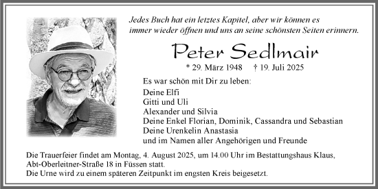 Traueranzeige von Peter Sedlmair von Allgäuer Zeitung, Füssen