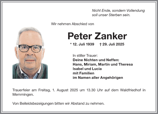 Traueranzeige von Peter Zanker von Memminger Zeitung