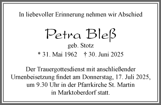 Traueranzeige von Petra Bleß von Allgäuer Zeitung, Marktoberdorf