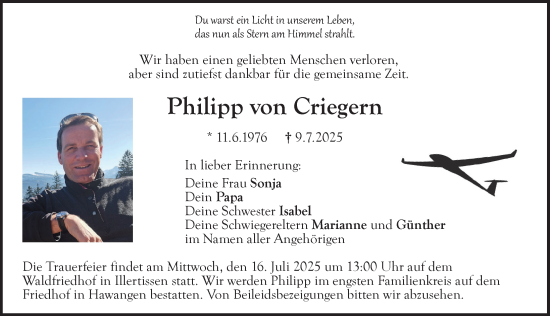 Traueranzeige von Philipp von Criegern von Illertisser Zeitung, Augsburger Allgemeine