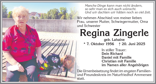 Traueranzeige von Regina Zingerle von Allgäuer Zeitung, Kaufbeuren/Buchloe