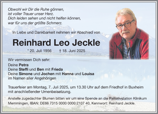 Traueranzeige von Reinhard Leo Jeckle von Memminger Zeitung