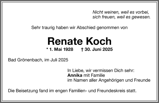 Traueranzeige von Renate Koch von Memminger Zeitung
