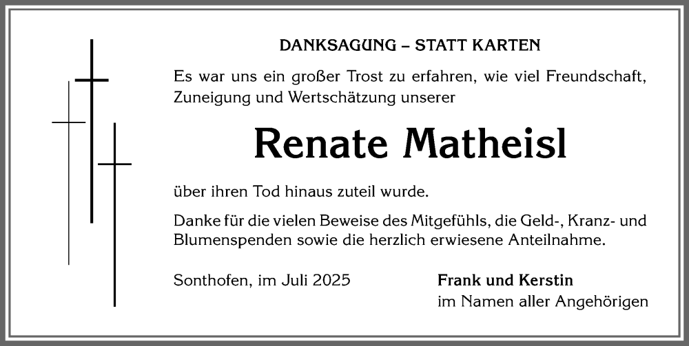  Traueranzeige für Renate Matheisl vom 05.07.2025 aus Allgäuer Anzeigeblatt