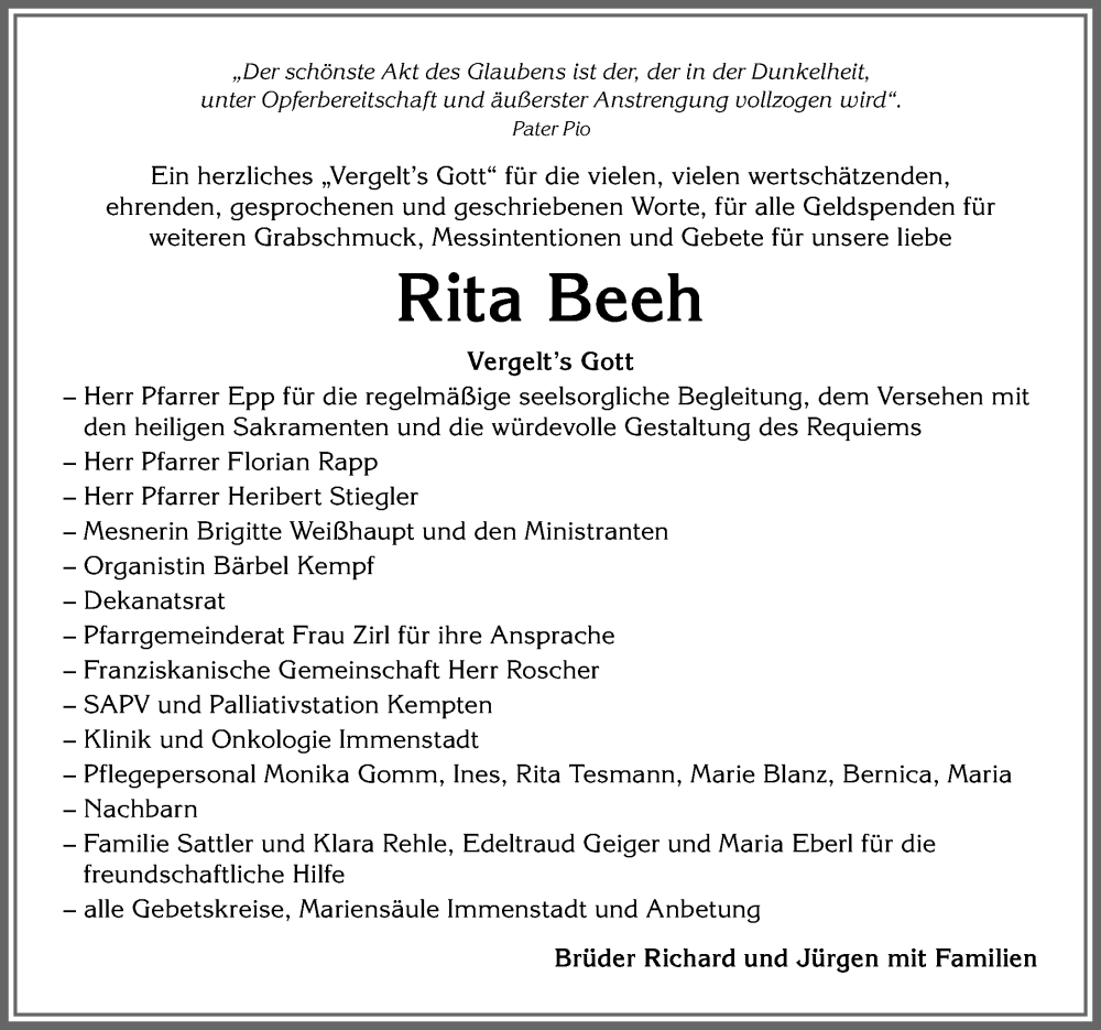  Traueranzeige für Rita Beeh vom 08.07.2025 aus Allgäuer Anzeigeblatt