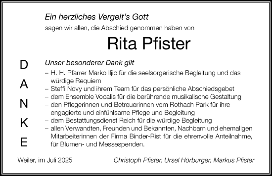 Traueranzeige von Rita Pfister von Der Westallgäuer