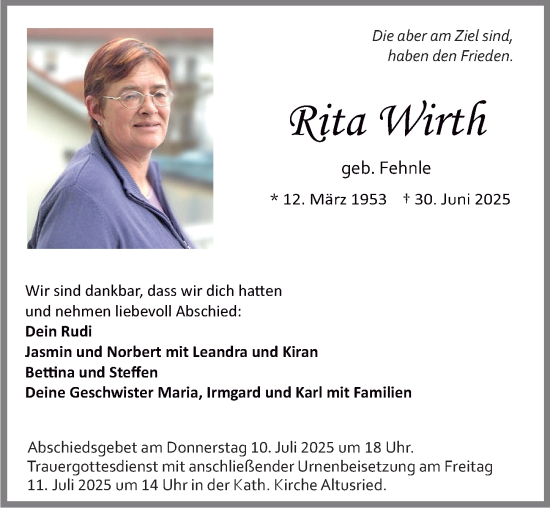 Traueranzeige von Rita Wirth von Allgäuer Zeitung,Kempten