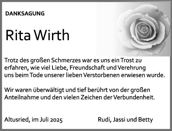 Traueranzeige von Rita Wirth von Allgäuer Zeitung,Kempten