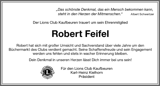 Traueranzeige von Robert Feifel von Allgäuer Zeitung, Kaufbeuren/Buchloe
