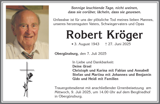 Traueranzeige von Robert Kröger von Allgäuer Zeitung, Marktoberdorf